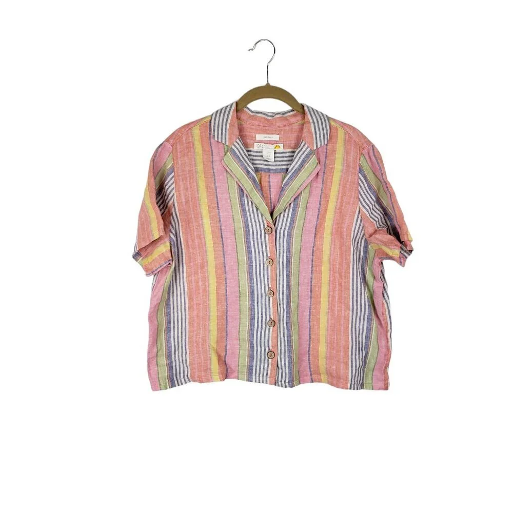 C&C California womens Medium multicolor rainbow stripe linen cropped camp shirt - Picture 1 of 6
